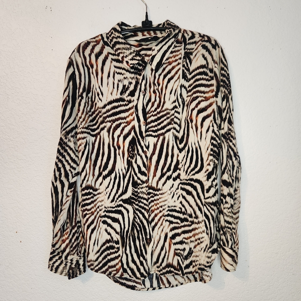 Liverpool Los Angeles Allover Zebra Pattern Button-Up Blouse, Size L